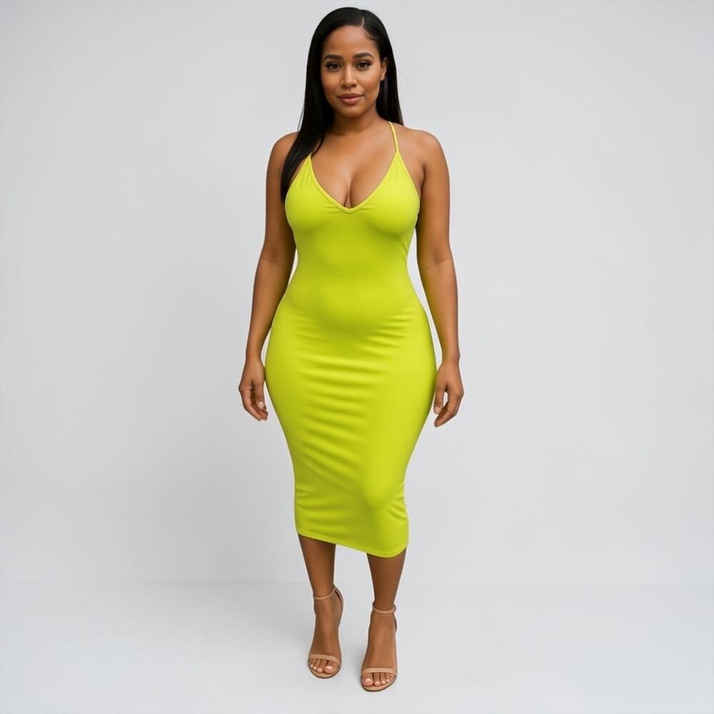 Neon Lime V-Neck Strappy Bodycon Midi Dress
